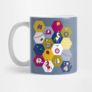 circus hexagons purple olive navy Mug